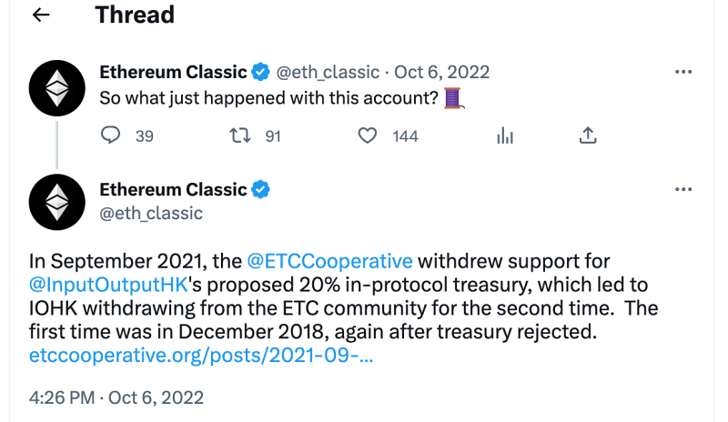 Twitter thread about the @eth_classic handle conflict.